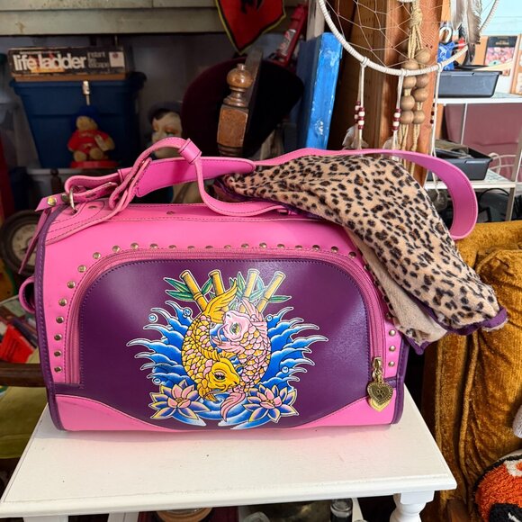 Pet Flys Airline Approved Pet Carrier - Pink/Purple Koi Fish Tattoo Print - Y2K - Picture 12 of 15